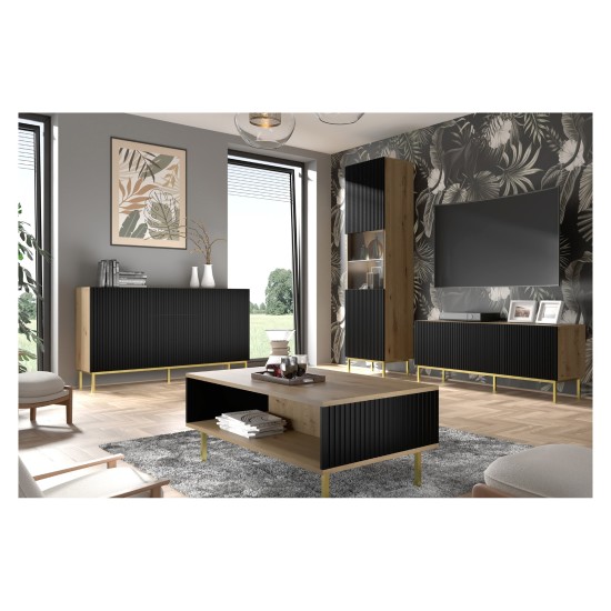 TV unit RAVENNA B 200 cm, 4 doors, artisan oak with black mat front, gold legs