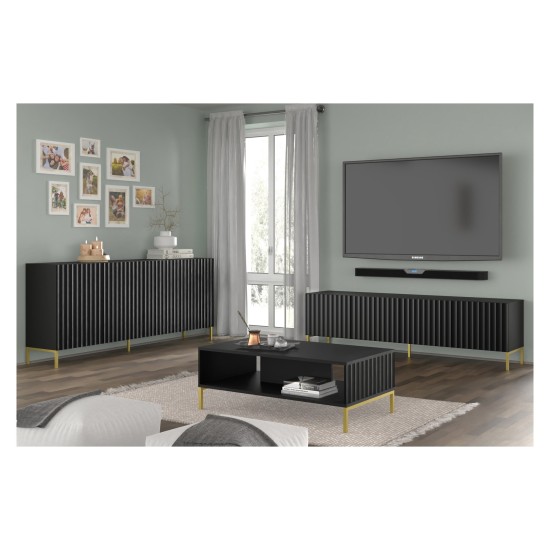 Комод WAVE 150 см, 3 двери, чёрный матовый, золотые ножки Комод WAVE 150 см, 3 двери, чёрный матовый, золотые ножки