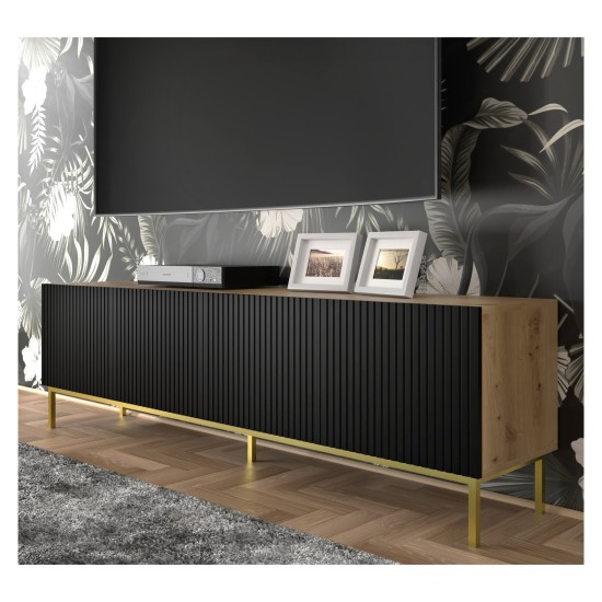 TV unit RAVENNA B 200 cm, 4 doors, artisan oak with black mat front, black legs