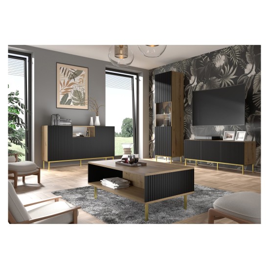 TV unit RAVENNA B 200 cm, 4 doors, artisan oak with black mat front, black legs
