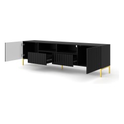TV unit WAVE 200 cm, 2 doors and 2 drawers, black mat, gold legs
