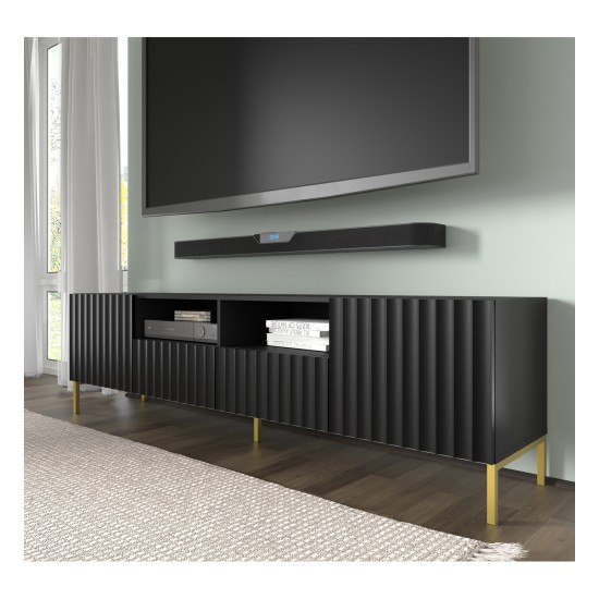 TV unit WAVE 200 cm, 2 doors and 2 drawers, black mat, gold legs TV unit WAVE 200 cm, 2 doors and 2 drawers, black mat, gold legs