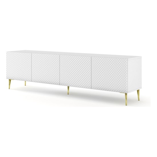 Тумба ТВ RAVENNA C 200 см, 4 двери, белый матовый с фасадом белым глянцем, золотые ножки