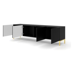 TV unit WAVE 200 cm, 4 doors, black mat, gold legs