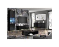 TV unit RAVENNA C 200 cm, 4 doors, black mat with black gloss front, gold legs