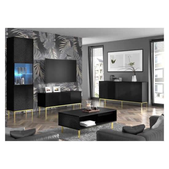 TV unit RAVENNA C 200 cm, 4 doors, black mat with black gloss front, gold legs
