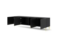 TV unit RAVENNA C 200 cm, 4 doors, black mat with black gloss front, gold legs