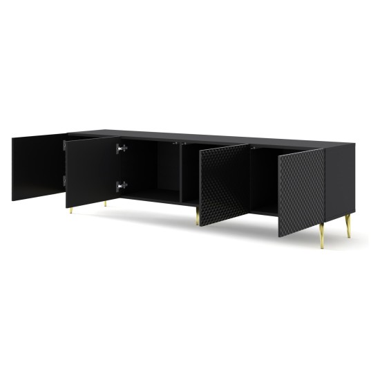 TV unit RAVENNA C 200 cm, 4 doors, black mat with black gloss front, gold legs