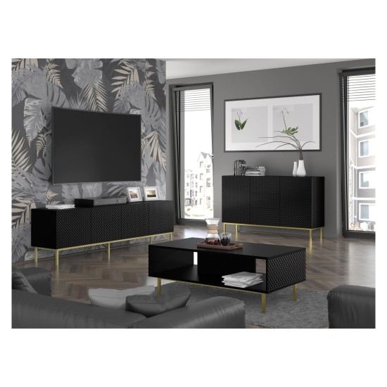 מזנון טלוויזיה RAVENNA C 150, 3 דלתות, שחור מט עם חזית שחור מבריק, מסגרת שחורה