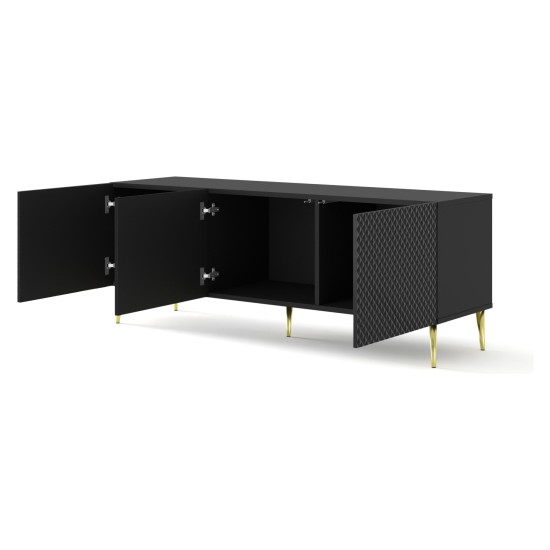 TV unit RAVENNA C 150 cm, 3 doors, black mat with black gloss front, gold legs
