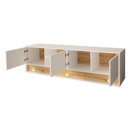 TV unit VISIONARY 180 cm, white mat with white gloss front, wotan oak back panel TV unit VISIONARY 180 cm, white mat with white gloss front, wotan oak back panel