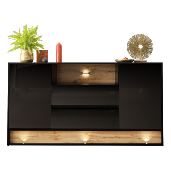 Chest of drawers VISIONARY 160 cm, black gloss, wotan oak back panel Chest of drawers VISIONARY 160 cm, black gloss, wotan oak back panel