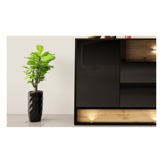 Chest of drawers VISIONARY 160 cm, black gloss, wotan oak back panel Chest of drawers VISIONARY 160 cm, black gloss, wotan oak back panel