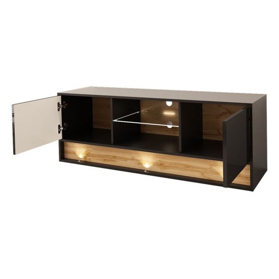 TV unit VISIONARY 140 cm, black mat with black gloss front, wotan oak back panel TV unit VISIONARY 140 cm, black mat with black gloss front, wotan oak back panel
