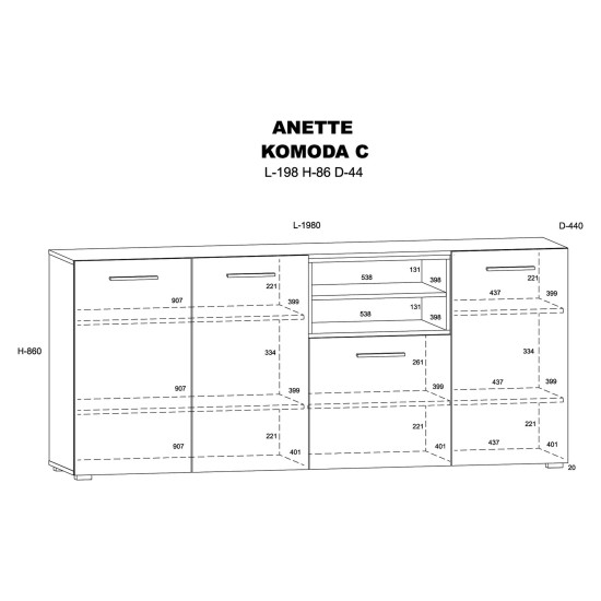 Комод ANETTE C 198 см, чёрный матовый с дубом артисан Комод ANETTE C 198 см, чёрный матовый с дубом артисан