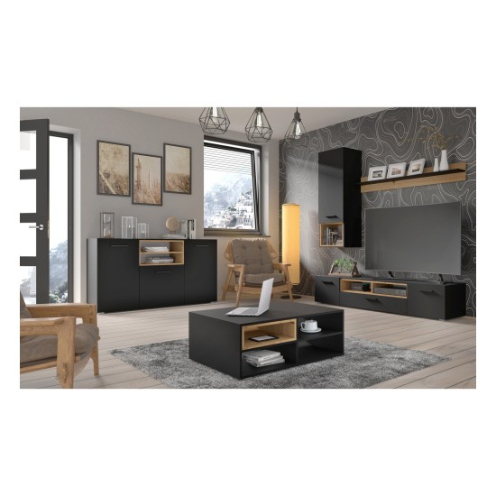 Wall shelf ANETTE B 151 cm, black mat with artisan oak