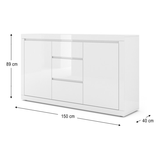 Chest of drawers BELLO BIANCO 3 150 cm, white mat with white gloss front Chest of drawers BELLO BIANCO 3 150 cm, white mat with white gloss front