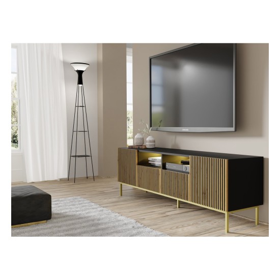 Тумба ТВ RAVENNA F 200 см, 2 двери и 2 ящика, чёрный матовый с фасадом дубом артисан, золотая рама