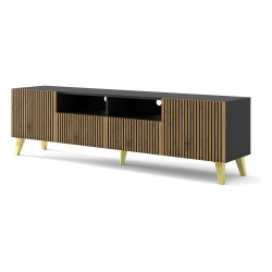 Тумба ТВ RAVENNA F 200 см, 2 двери и 2 ящика, чёрный матовый с фасадом дубом артисан, золотые ножки