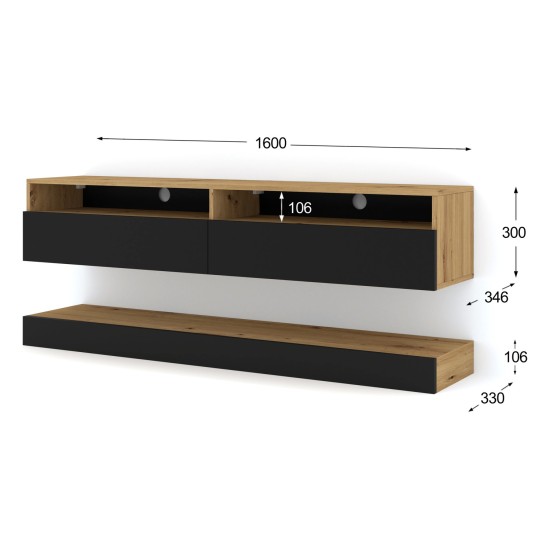 מזנון טלוויזיה DUO 160, אלון ארטיסן עם חזית שחור מט