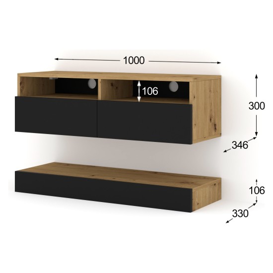 מזנון טלוויזיה DUO 100, אלון ארטיסן עם חזית שחור מט