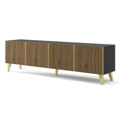 Тумба ТВ RAVENNA F 200 см, 4 двери, чёрный матовый с фасадом дубом артисан, золотые ножки