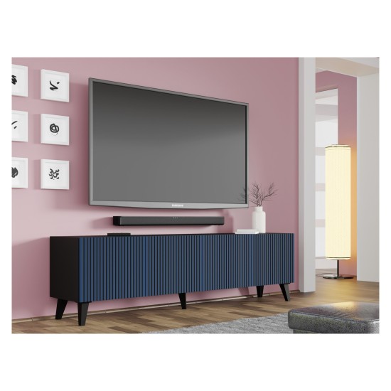 TV unit RAVENNA F 200 cm, 4 doors, black mat with navy blue front, black legs