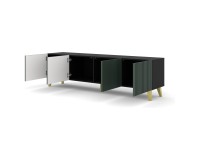 Тумба ТВ RAVENNA F 200 см, 4 двери, чёрный матовый с фасадом тёмно-зелёным, золотые ножки