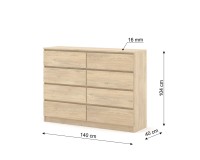 Комод MAJA S8 140 см, 8 ящиков, дуб кремона