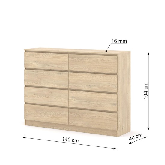 Комод MAJA S8 140 см, 8 ящиков, дуб кремона