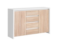 Chest of drawers KASPIAN 144 cm, 2 doors and 4 drawers, white with sonoma oak Chest of drawers KASPIAN 144 cm, 2 doors and 4 drawers, white with sonoma oak
