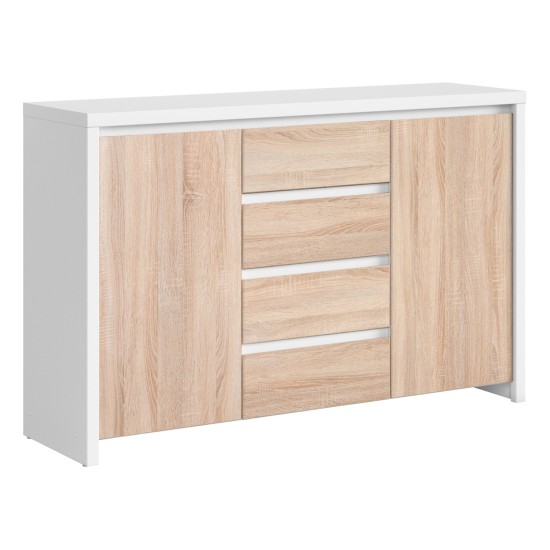 Комод KASPIAN 144 см, 2 двери и 4 ящика, белый с дубом сонома