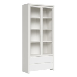 Display cabinet KASPIAN 90 cm, 2 glass doors and 2 drawers, white with white matt