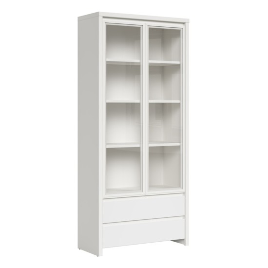 Display cabinet KASPIAN 90 cm, 2 glass doors and 2 drawers, white with white matt Display cabinet KASPIAN 90 cm, 2 glass doors and 2 drawers, white with white matt