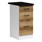 Base cabinet JUNONA 40 cm, 3 drawers, with worktop, white with oak