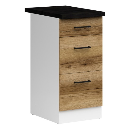 Base cabinet JUNONA 40 cm, 3 drawers, with worktop, white with oak Base cabinet JUNONA 40 cm, 3 drawers, with worktop, white with oak