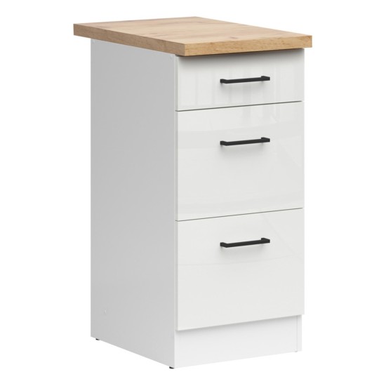 Base cabinet JUNONA 40 cm, 3 drawers, with worktop, white with chalk gloss
