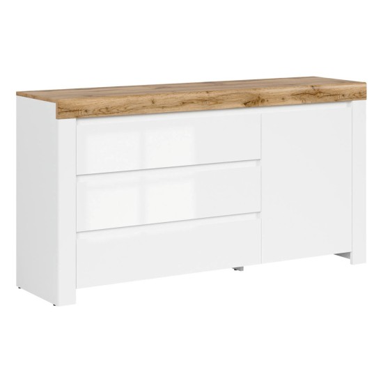 Chest of drawers HOLTEN 156 cm, 1 door and 3 drawers, white with wotan oak