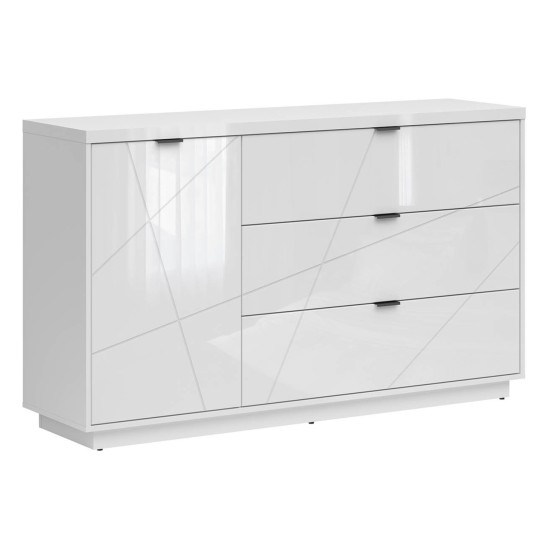Chest of drawers FORN 156 cm, 1 door and 3 drawers, white high gloss