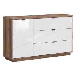 Chest of drawers FORN 156 cm, 1 door and 3 drawers, dark delano oak with white high gloss