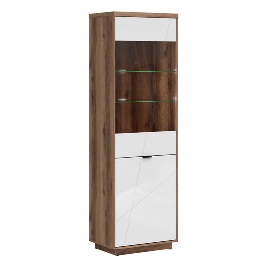 Display cabinet FORN 64 cm, 1 door and 1 glass door, dark delano oak with white high gloss