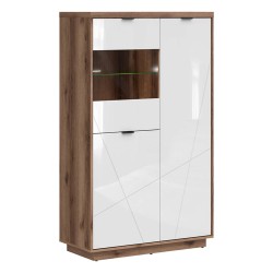 Display cabinet FORN 94 cm, 2 doors and 1 glass door, dark delano oak with white high gloss