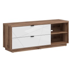 TV unit FORN 156 cm, 2 drawers, dark delano oak with white high gloss