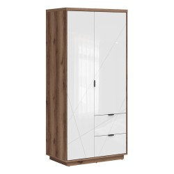 Wardrobe FORN 94 cm, 2 doors and 2 drawers, dark delano oak with white high gloss