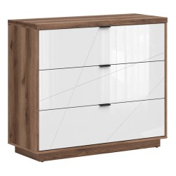 Chest of drawers FORN 106 cm, 3 drawers, dark delano oak with white high gloss