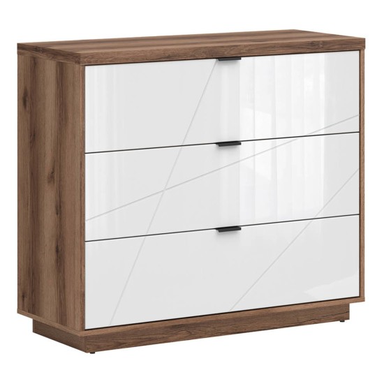 Chest of drawers FORN 106 cm, 3 drawers, dark delano oak with white high gloss
