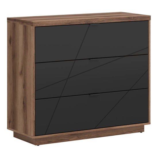 Chest of drawers FORN 106 cm, 3 drawers, dark delano oak with black