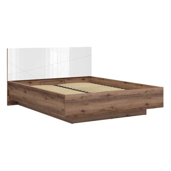 Bed FORN 160 x 200, with storage box, dark delano oak with white high gloss