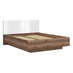Bed FORN 160 x 200, with storage box, dark delano oak with white high gloss