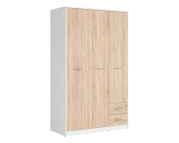 Wardrobe NEPO 118 cm, 3 doors and 2 drawers, white with sonoma oak